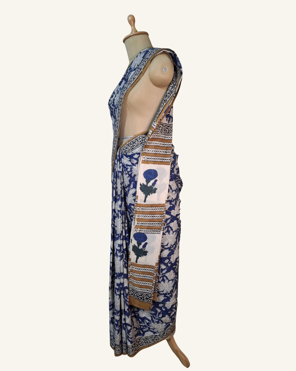 Indigo Jaal Gendha Booti Block printed saree