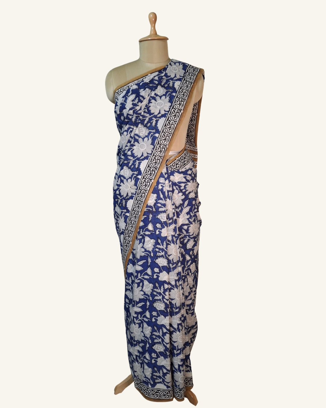 Indigo Jaal Gendha Booti Block printed saree