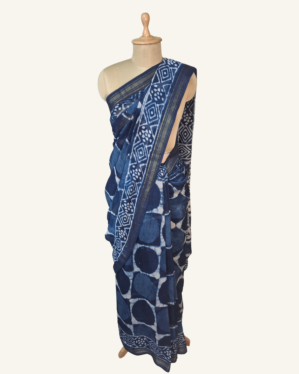 Indigo Dabu Block printed Maheshwari saree
