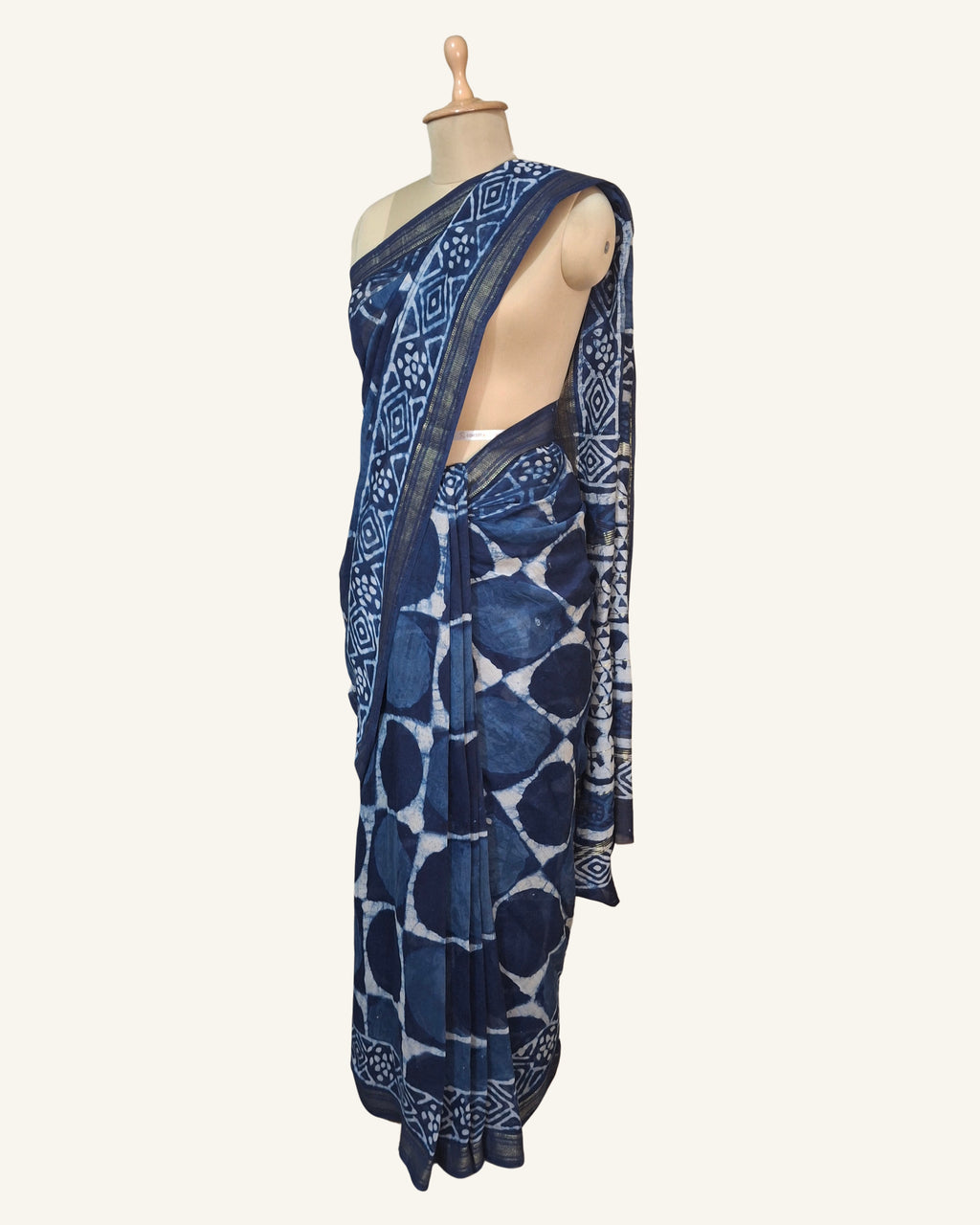 Indigo Dabu Block printed Maheshwari saree