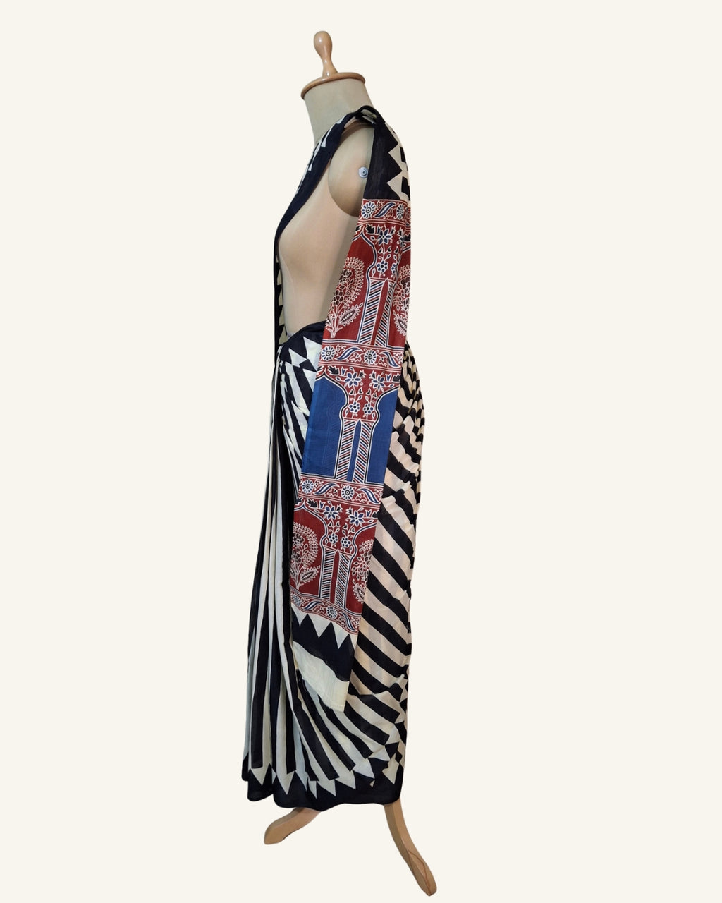 Striped-Mehrab Hand-Block Cotton Saree