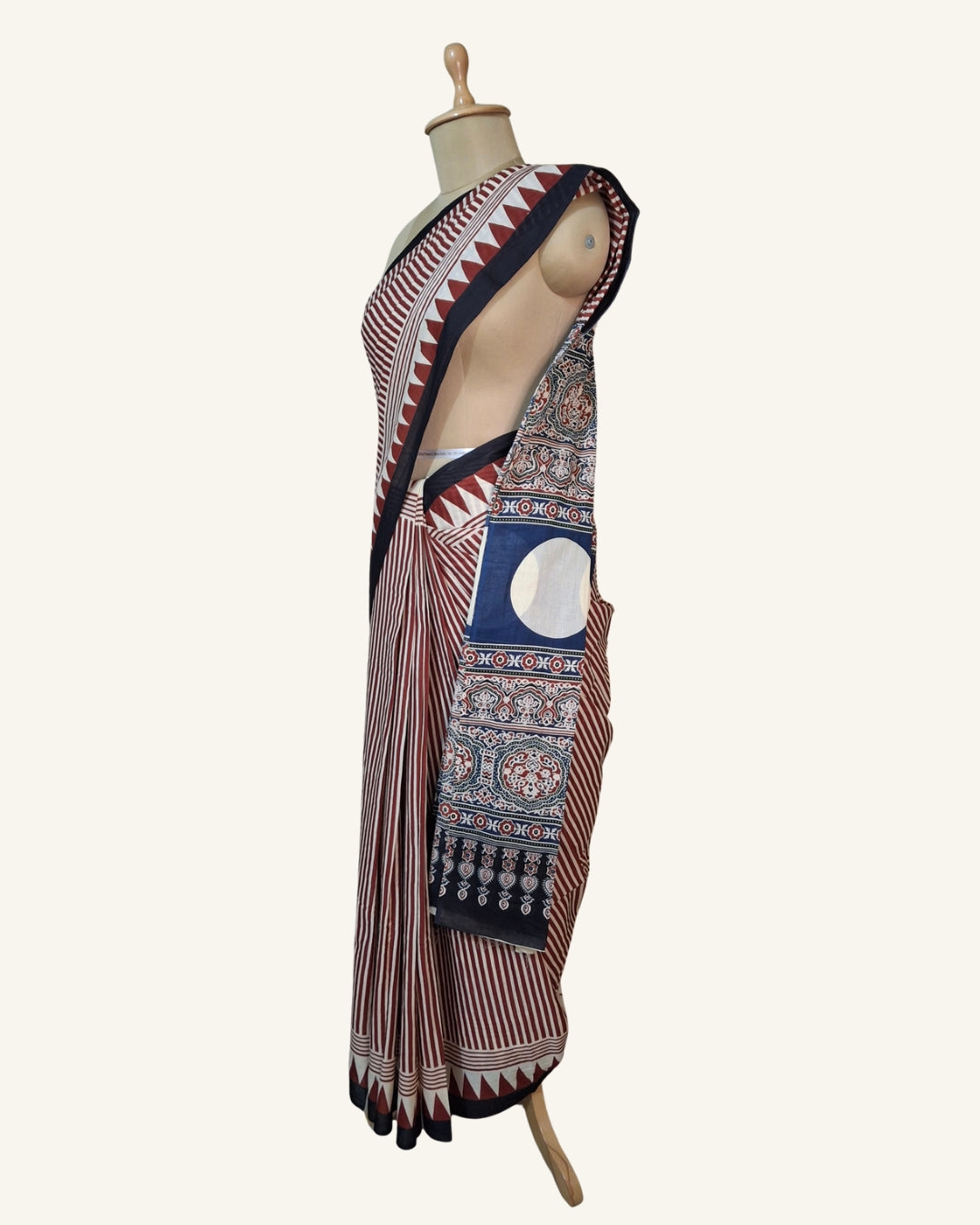 Maroon Striped Chand-Pallu Cotton Saree