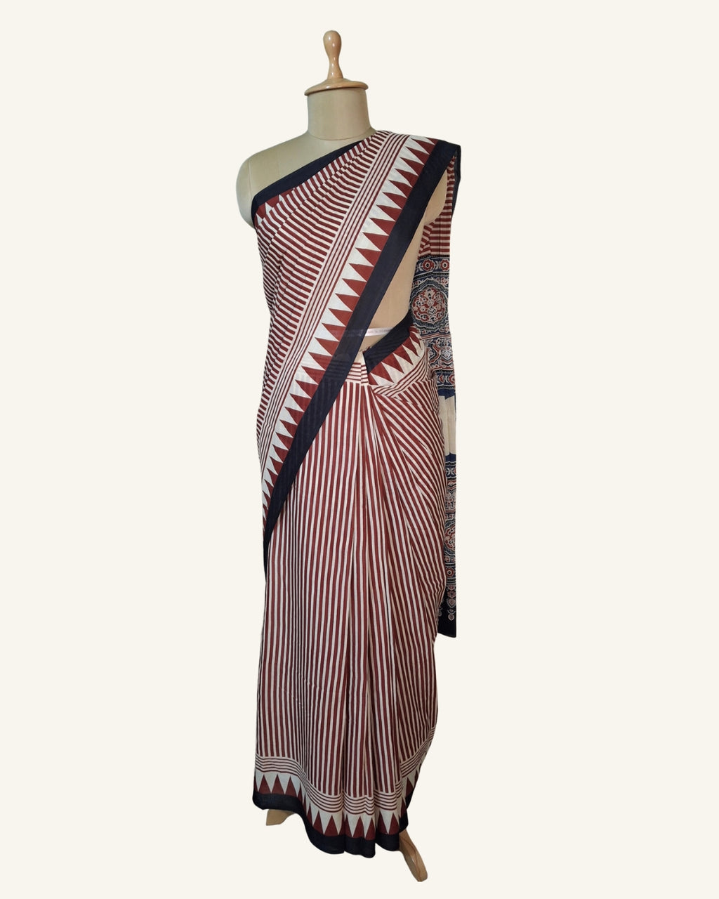 Maroon Striped Chand-Pallu Cotton Saree
