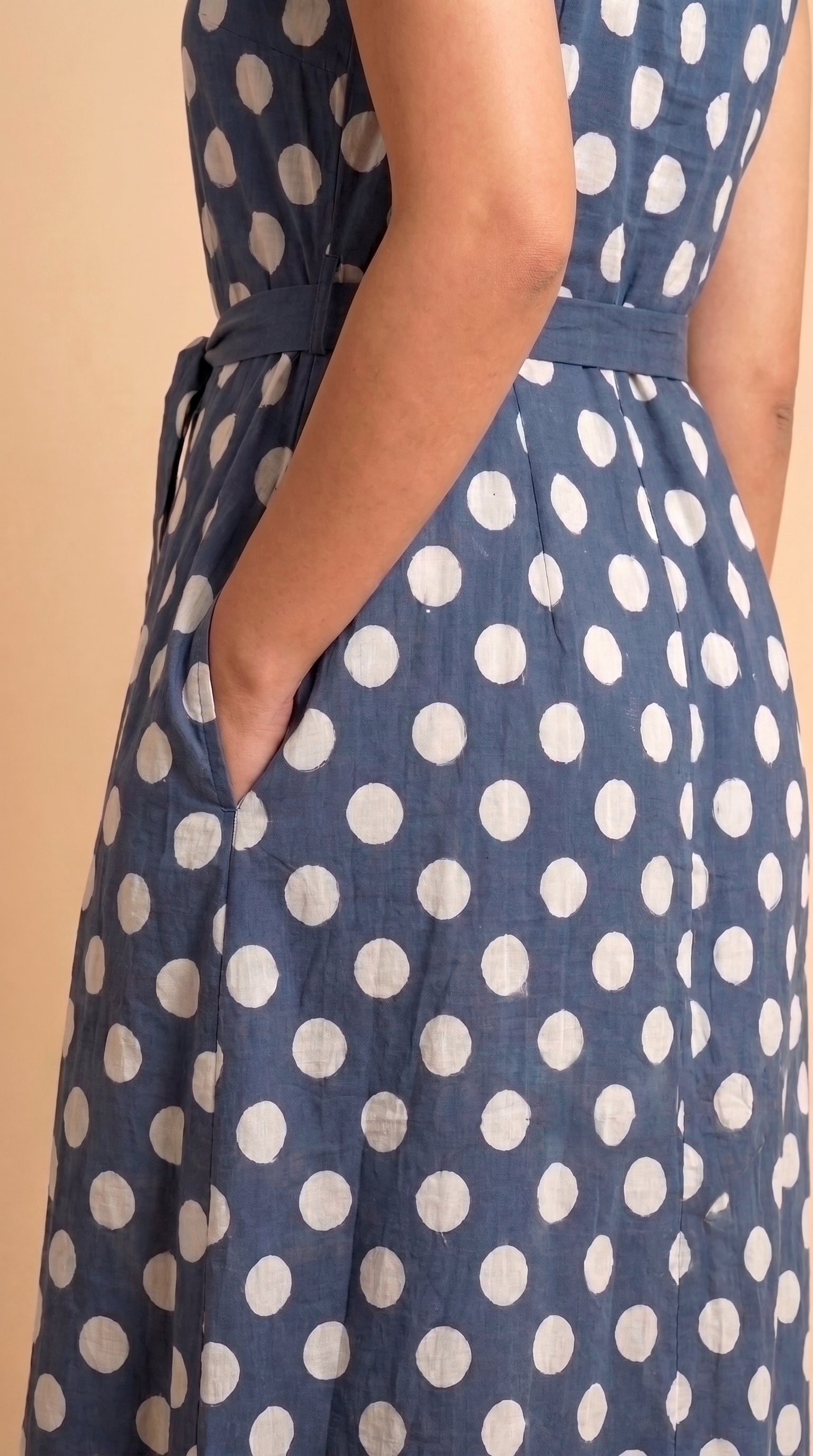 White on Indigo Polka Dot A-Line Dress