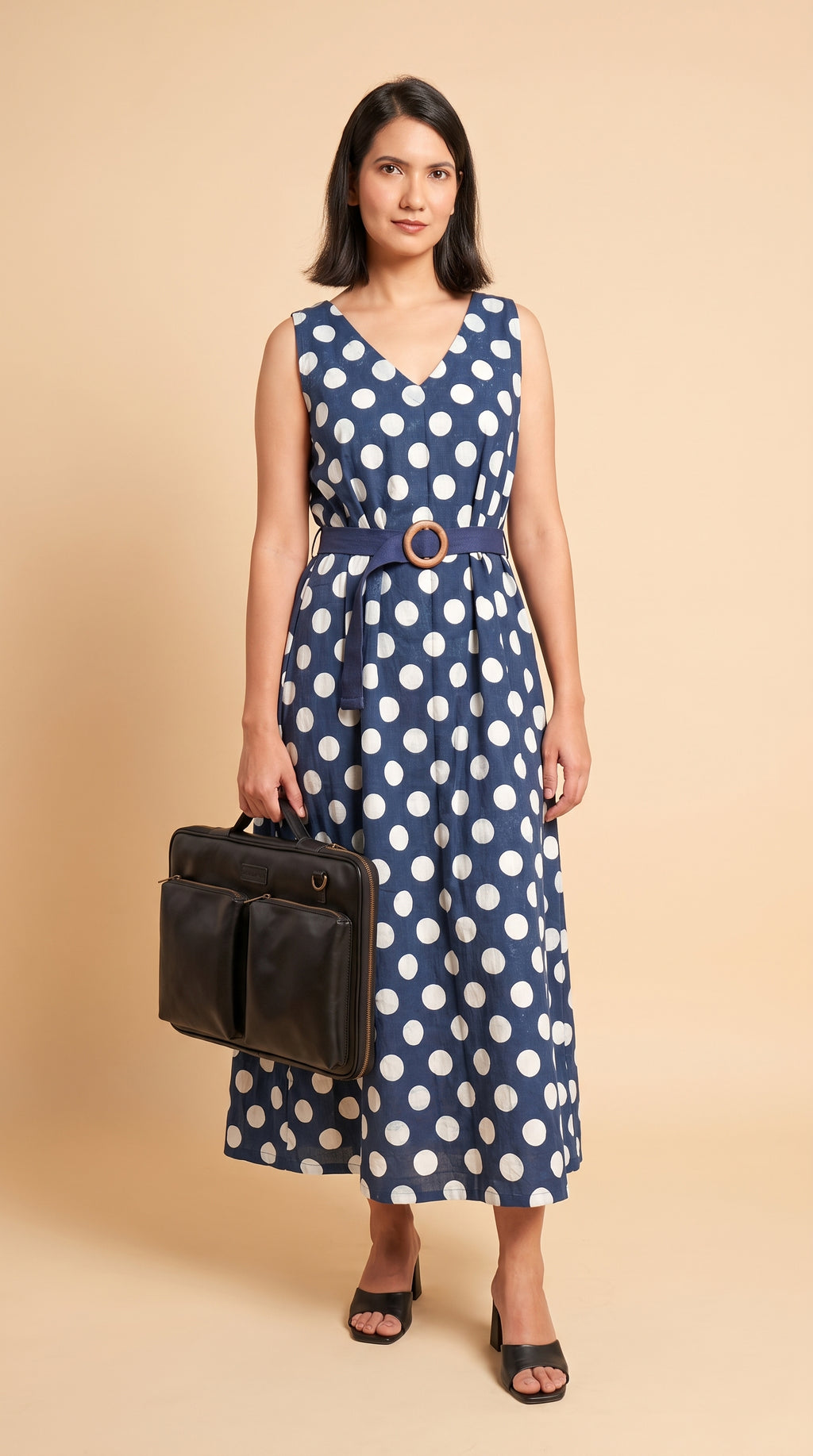 White on Indigo Polka Dot A-Line Dress