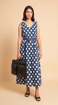 White on Indigo Polka Dot A-Line Dress