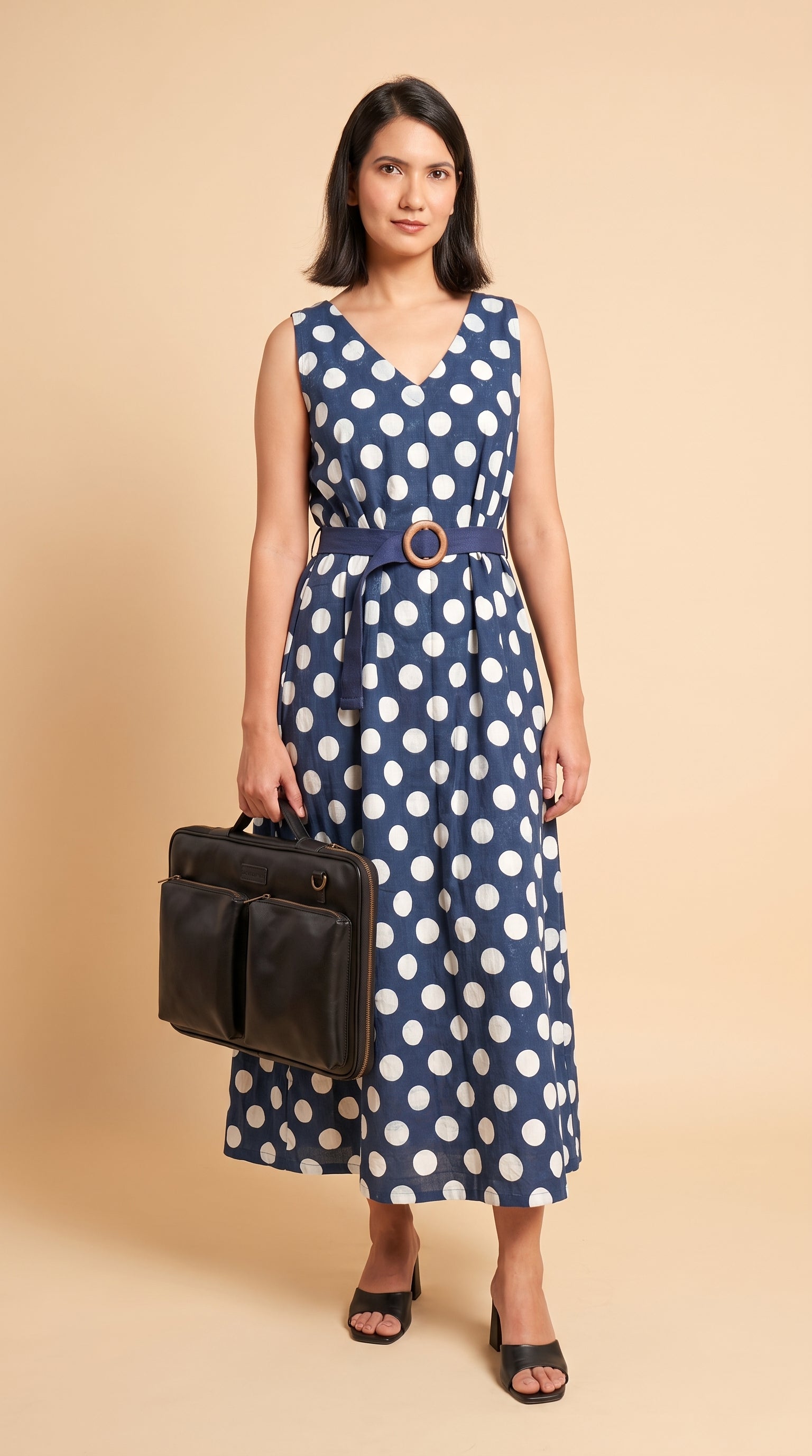 White on Indigo Polka Dot A-Line Dress