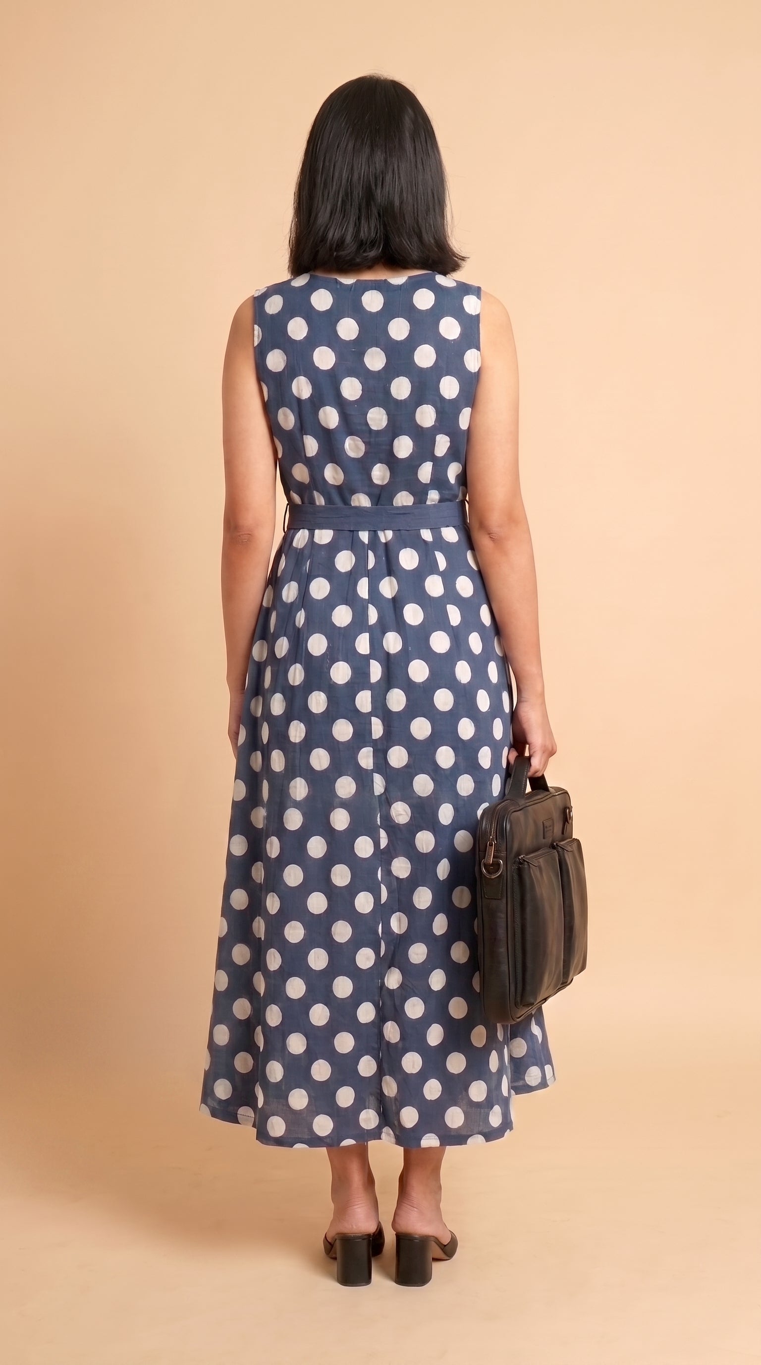 White on Indigo Polka Dot A-Line Dress