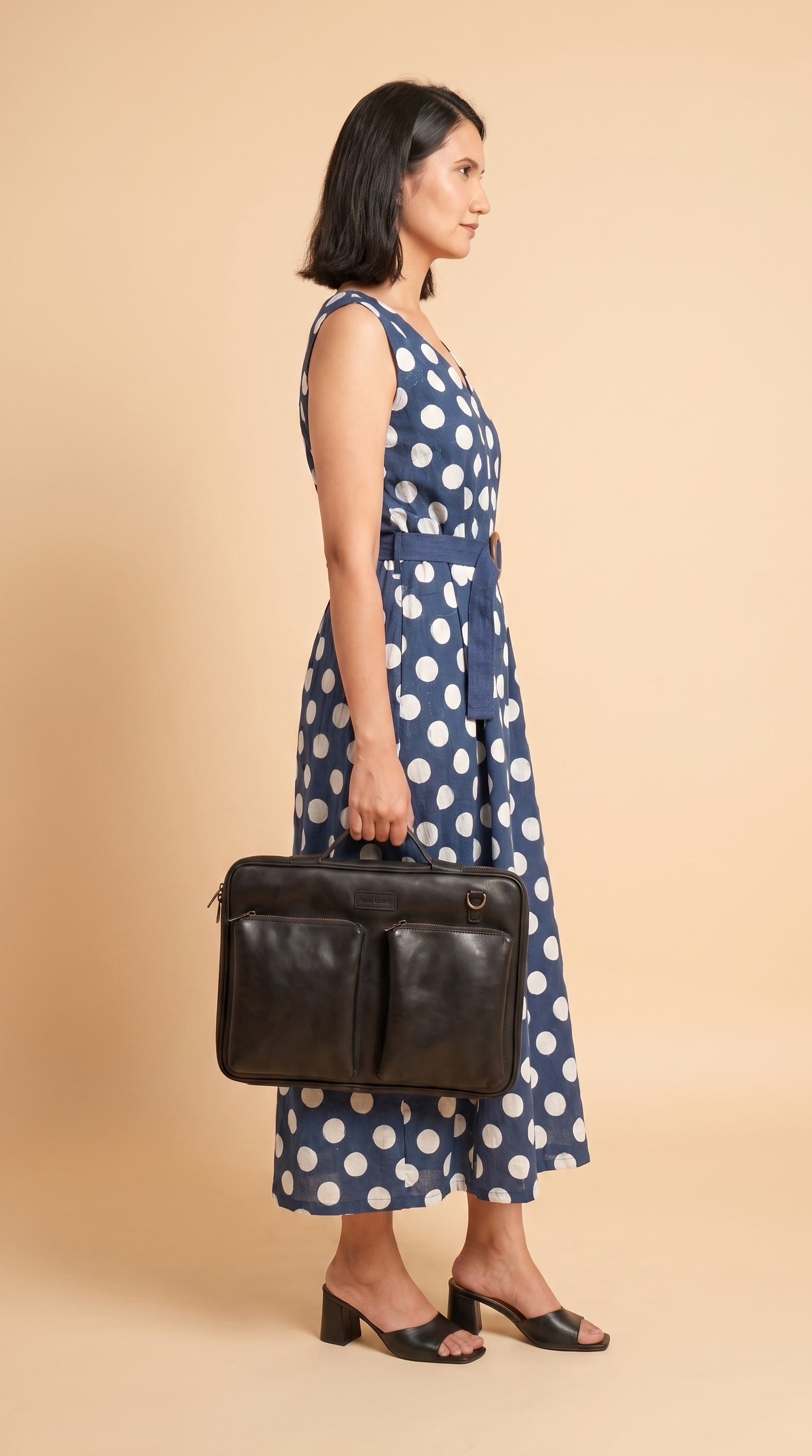White on Indigo Polka Dot A-Line Dress