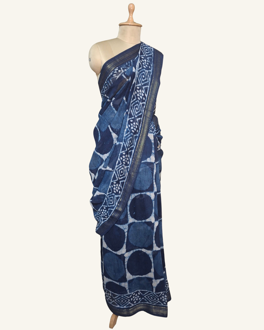Indigo Dabu Block printed Maheshwari saree