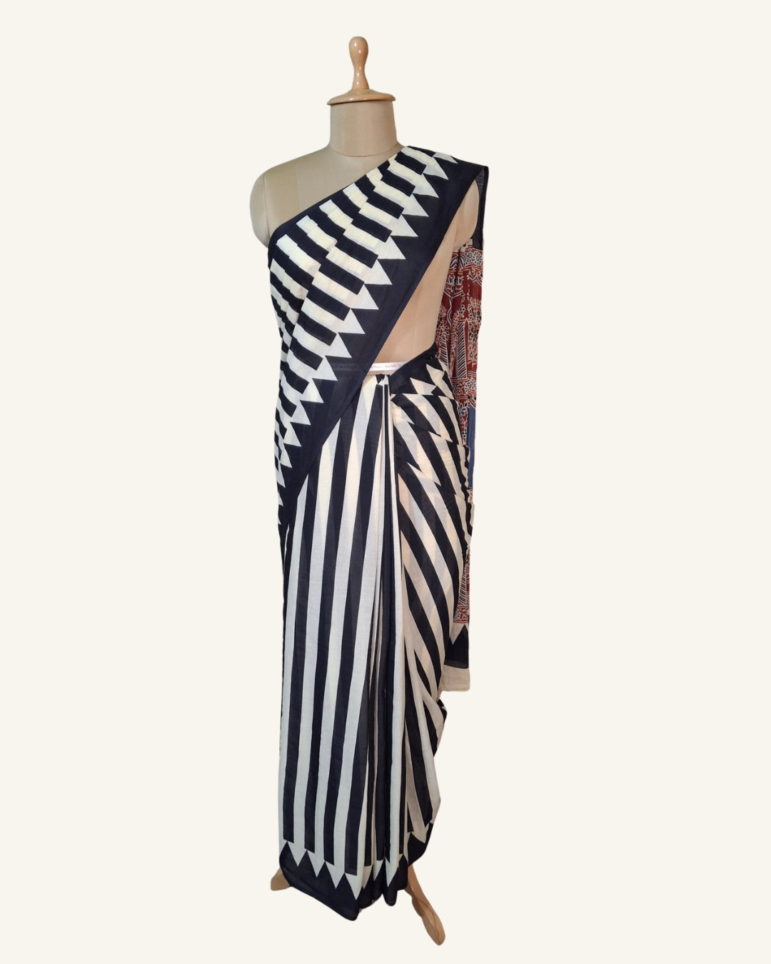 Striped-Mehrab Hand-Block Cotton Saree