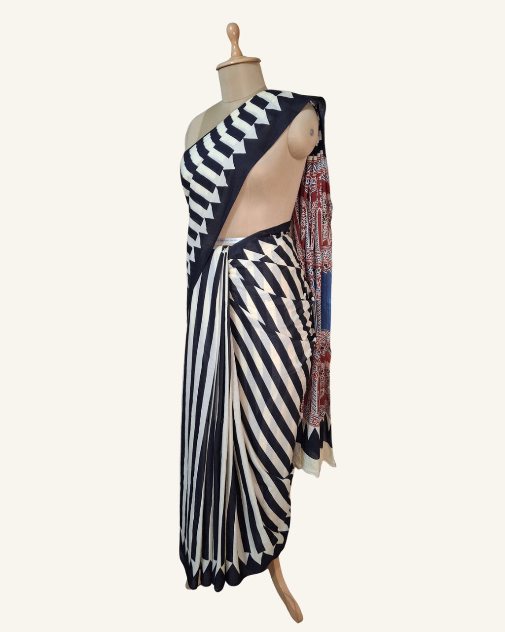 Striped-Mehrab Hand-Block Cotton Saree